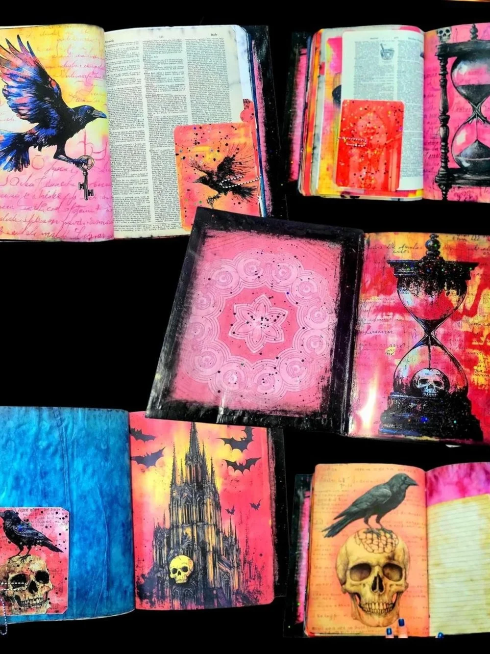 Raven's And Glitter Hot Pink Goth Whimsy Large Art Junk Journal Handmade